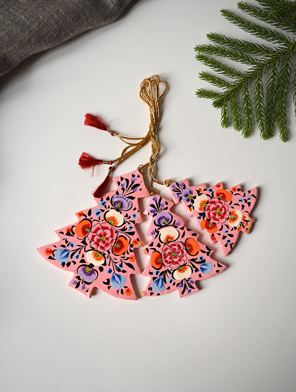 Load image into Gallery viewer, Kashmiri Art Xmas Decorations - Pink Ornaments (Set of 9)