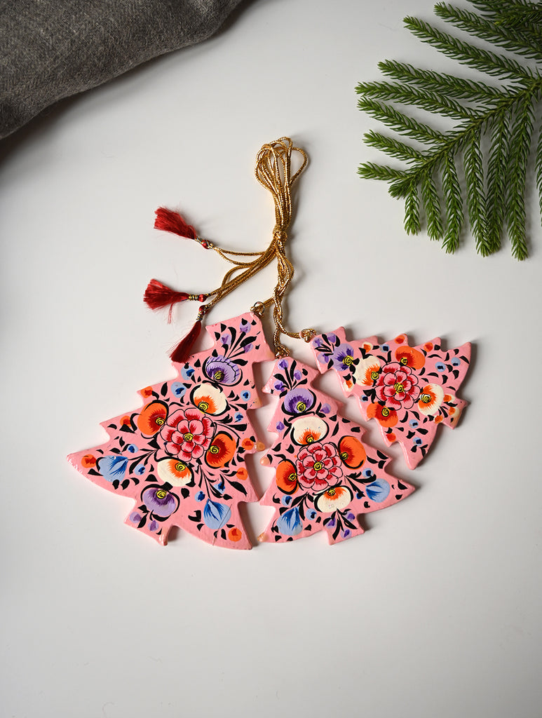 Kashmiri Art Xmas Decorations - Pink Ornaments (Set of 9)