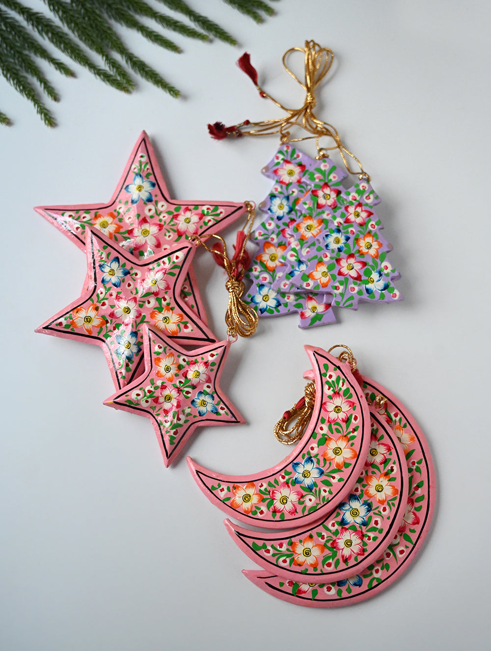 Load image into Gallery viewer, Kashmiri Art Xmas Decorations - Pink &amp; Mauve Flora (Set of 9)