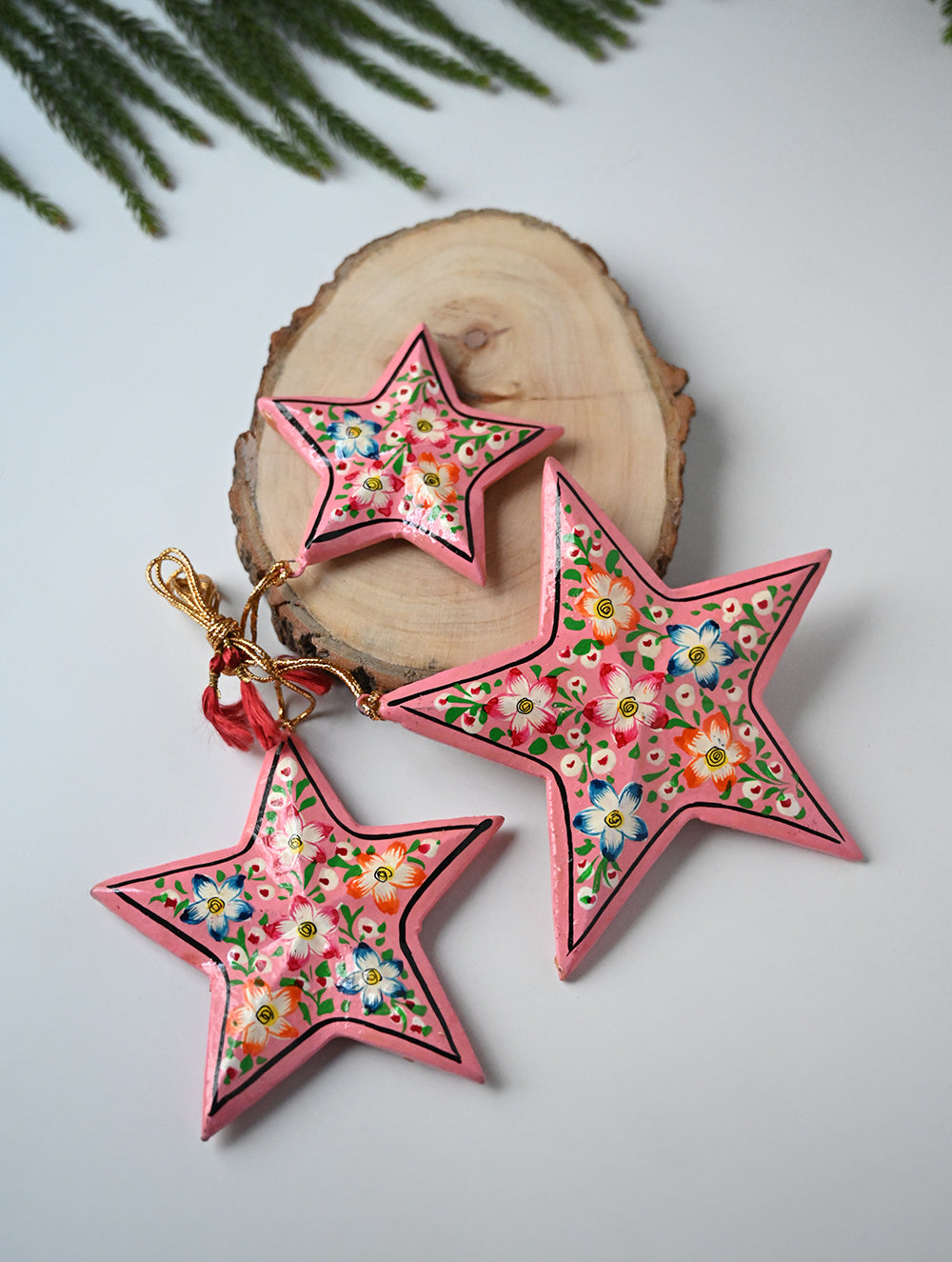 Load image into Gallery viewer, Kashmiri Art Xmas Decorations - Pink &amp; Mauve Flora (Set of 9)