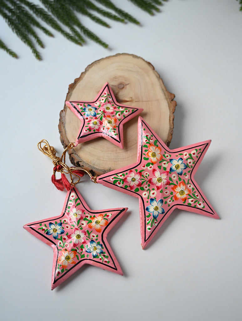 Kashmiri Art Xmas Decorations - Pink & Mauve Flora (Set of 9)