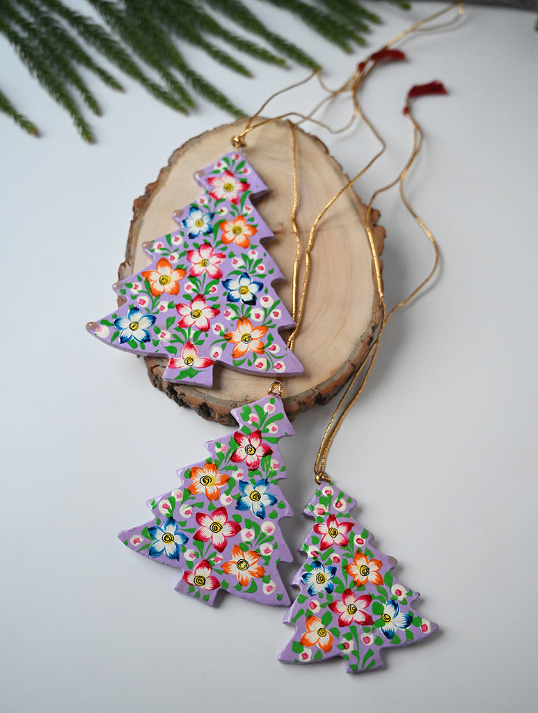 Kashmiri Art Xmas Decorations - Pink & Mauve Flora (Set of 9)