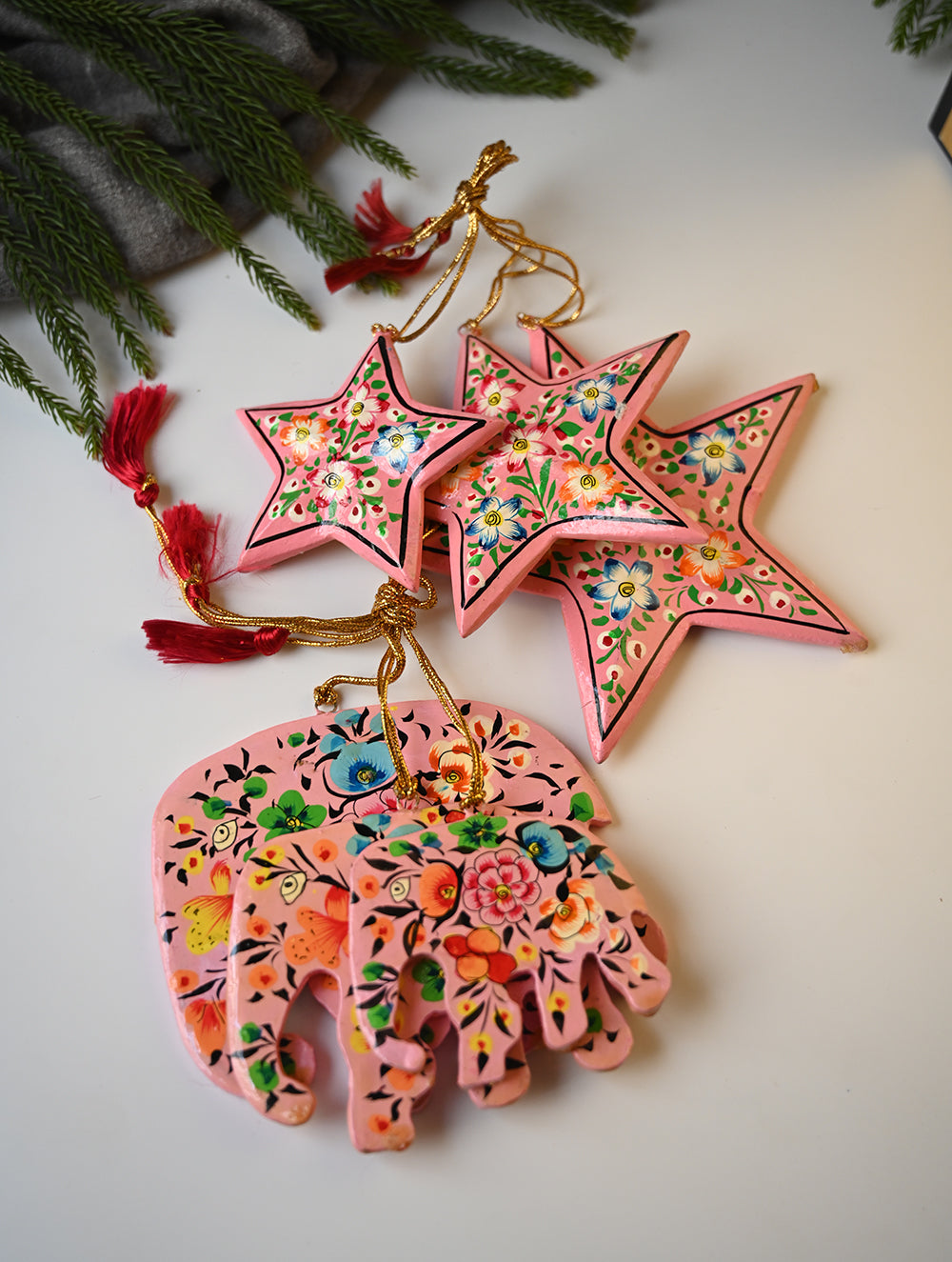 Load image into Gallery viewer, Kashmiri Art Xmas Decorations - Pink &amp; Mauve Rhapsody (Set of 12)