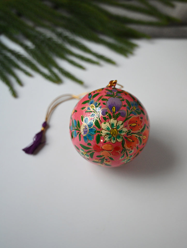 Kashmiri Art Xmas Decorations - Pink & Orange Flora (Set of 9)