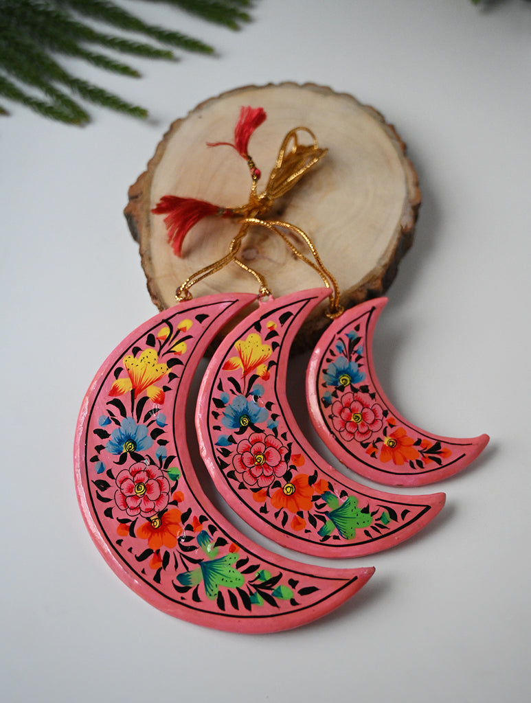 Kashmiri Art Xmas Decorations - Pink & Orange Flora (Set of 9)