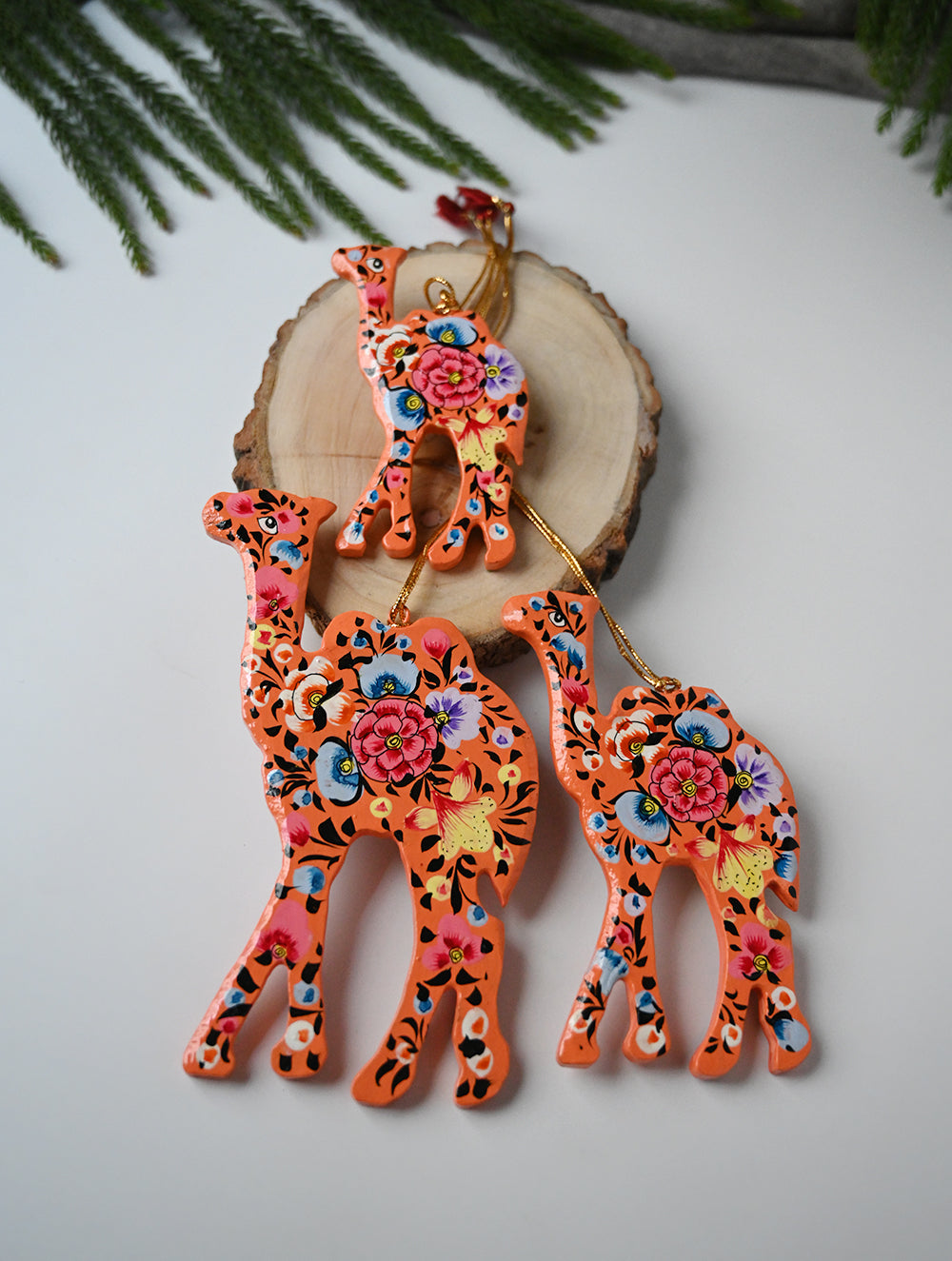 Load image into Gallery viewer, Kashmiri Art Xmas Decorations - Pink &amp; Orange Flora (Set of 9)
