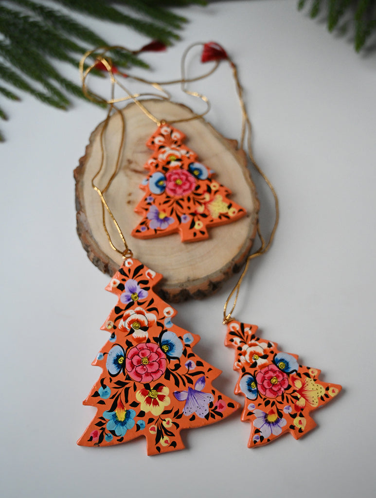 Kashmiri Art Xmas Decorations - Pink & Orange Flora (Set of 9)
