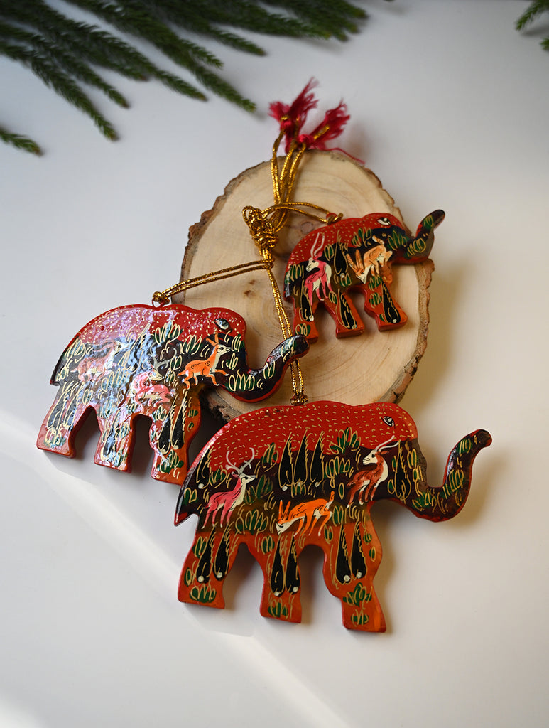 Kashmiri Art Xmas Decorations - Red Forest (Set of 9)