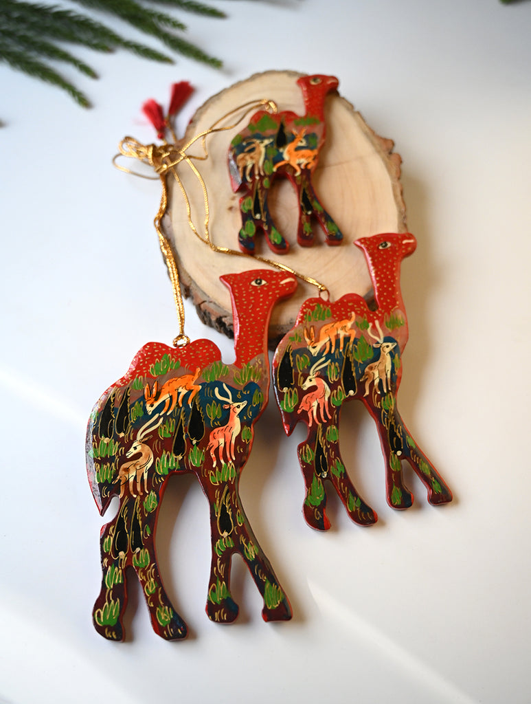 Kashmiri Art Xmas Decorations - Red Forest (Set of 9)
