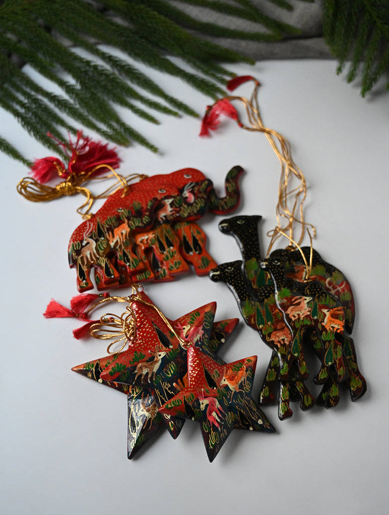 Kashmiri Art Xmas Decorations - Red Forests (Set of 9)