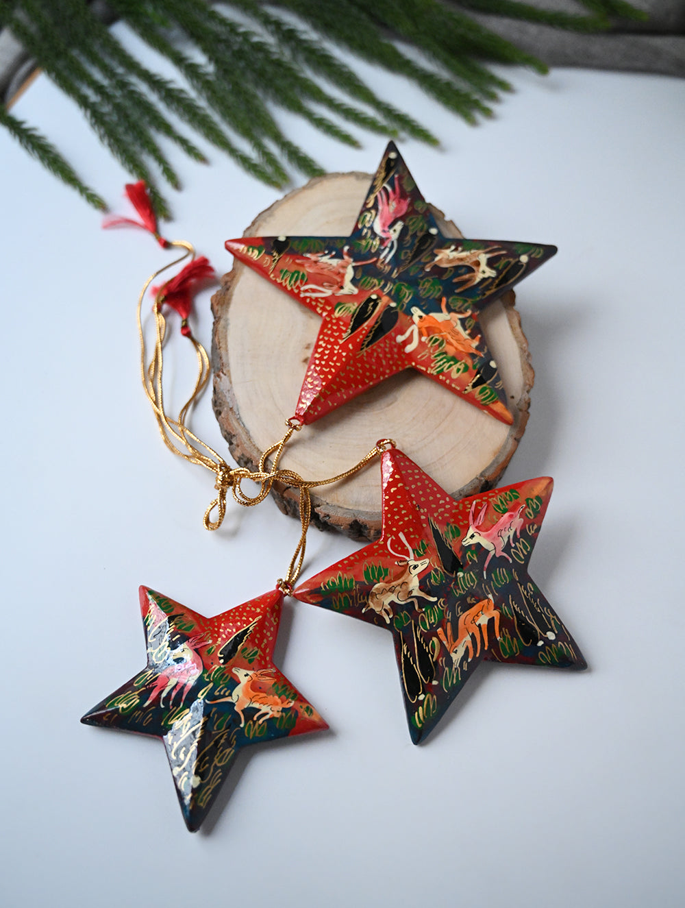 Load image into Gallery viewer, Kashmiri Art Xmas Decorations - Red Forests (Set of 9)