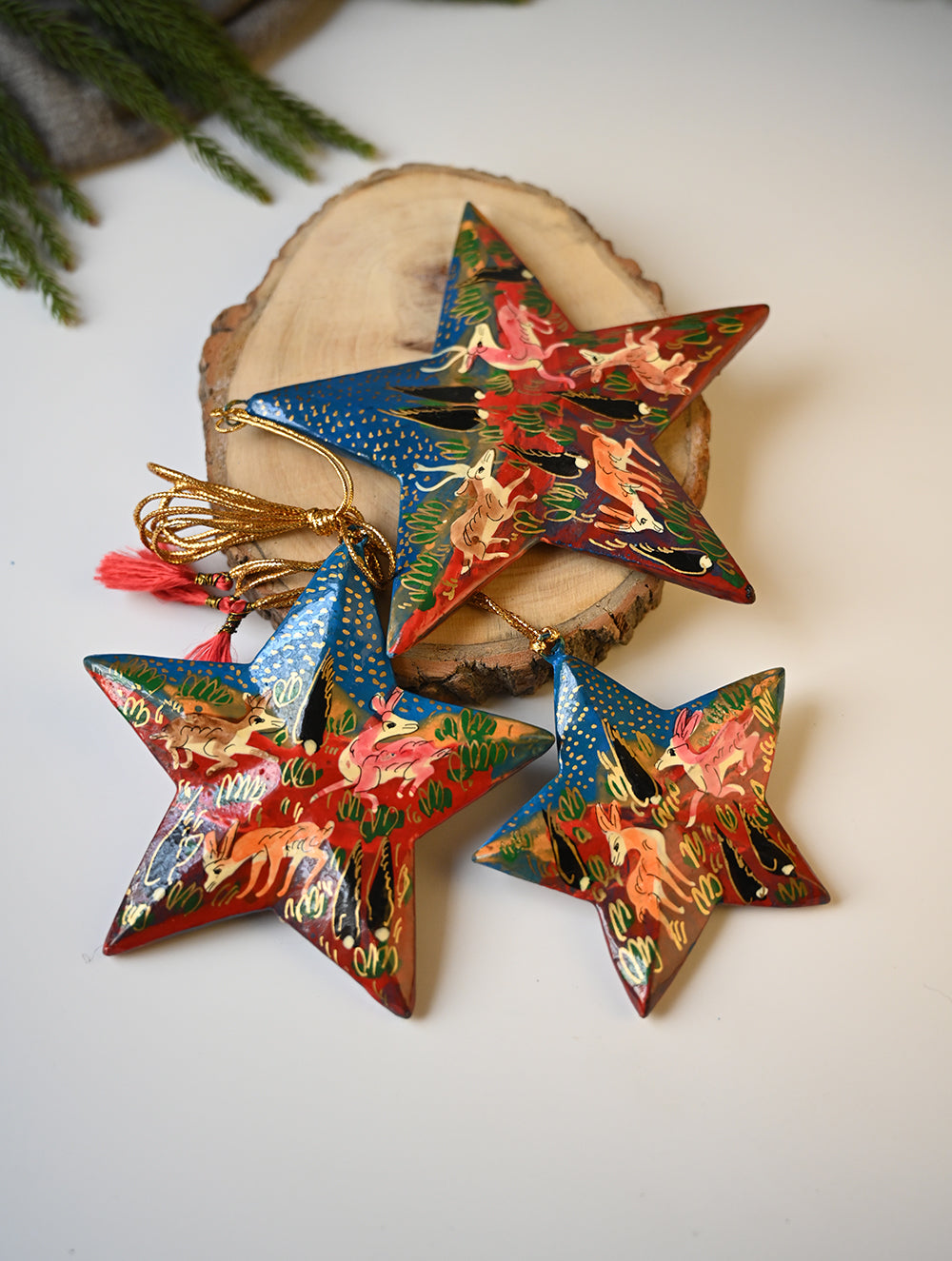 Load image into Gallery viewer, Kashmiri Art Xmas Decorations - Red &amp; Blue Forests (Set of 6)