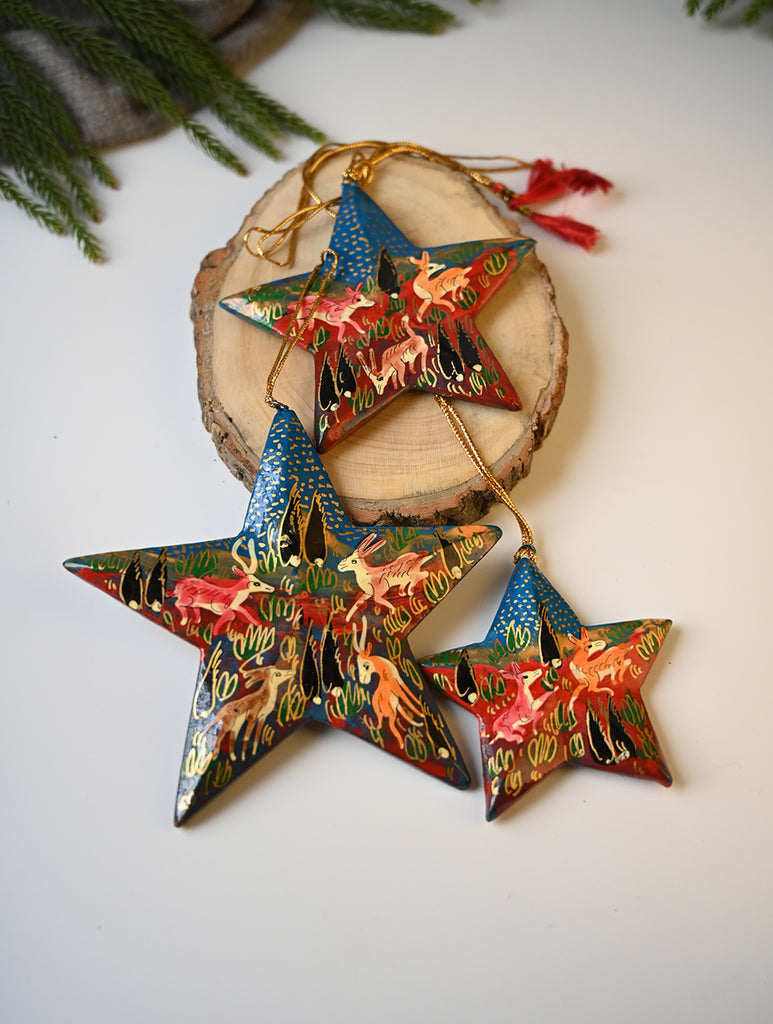 Kashmiri Art Xmas Decorations - Red & Blue Forests (Set of 6)