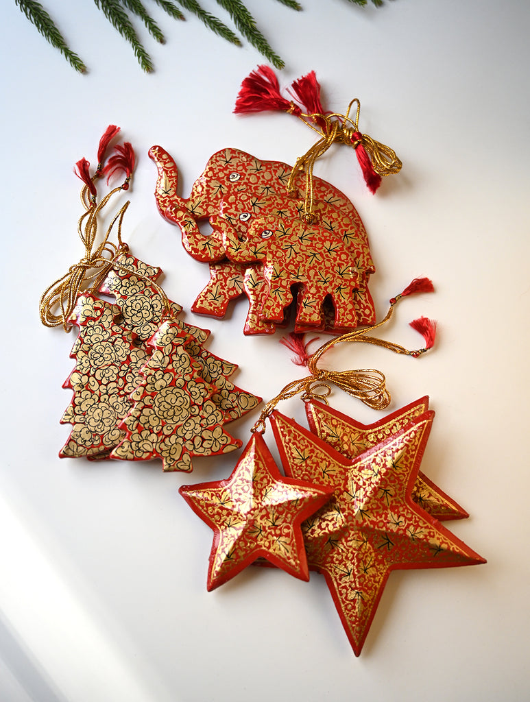 Kashmiri Art Xmas Decorations - Red & Gold Symphony (Set of 9)