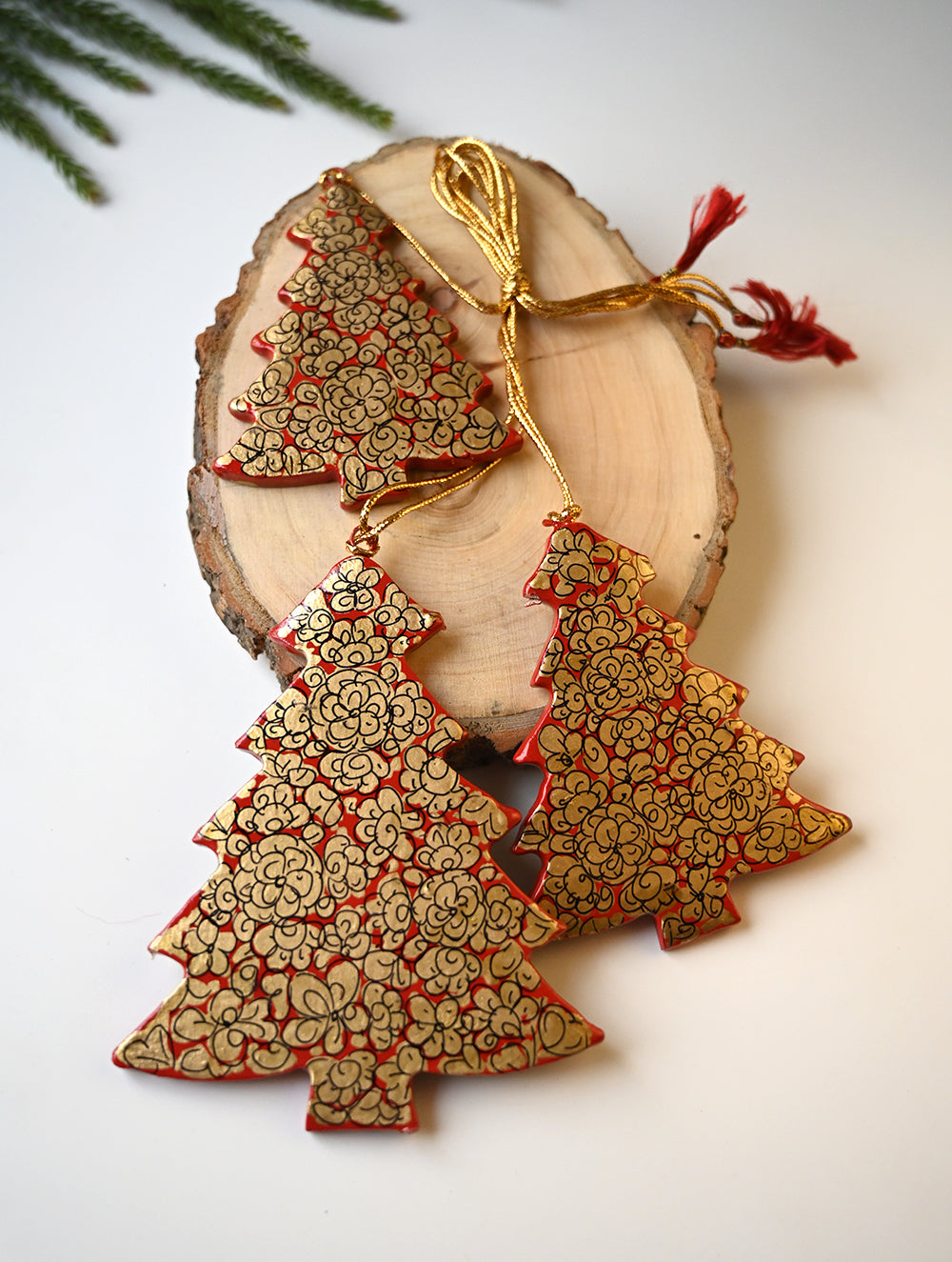 Load image into Gallery viewer, Kashmiri Art Xmas Decorations - Red &amp; Gold Symphony (Set of 9)