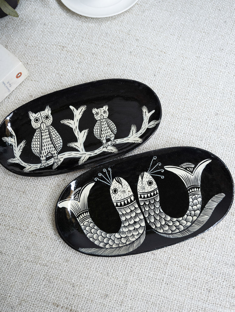 Lacquered, Hand Painted Patua Art Wooden Tray - Fish & Owl (Set of 2)