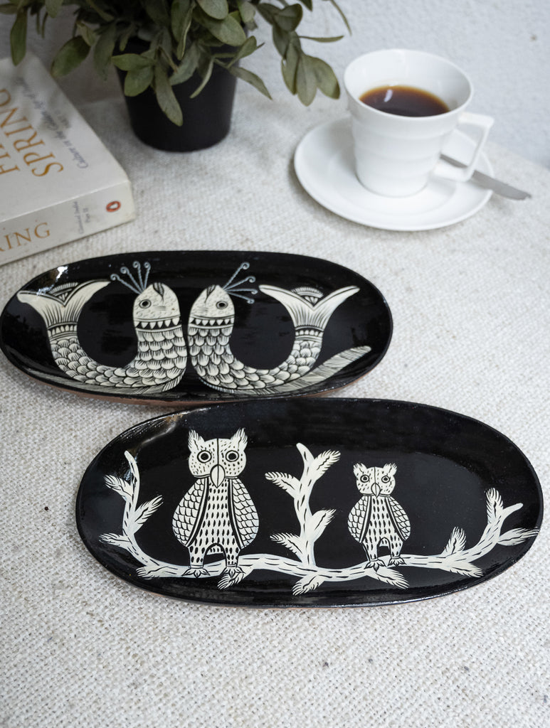 Lacquered, Hand Painted Patua Art Wooden Tray - Fish & Owl (Set of 2)