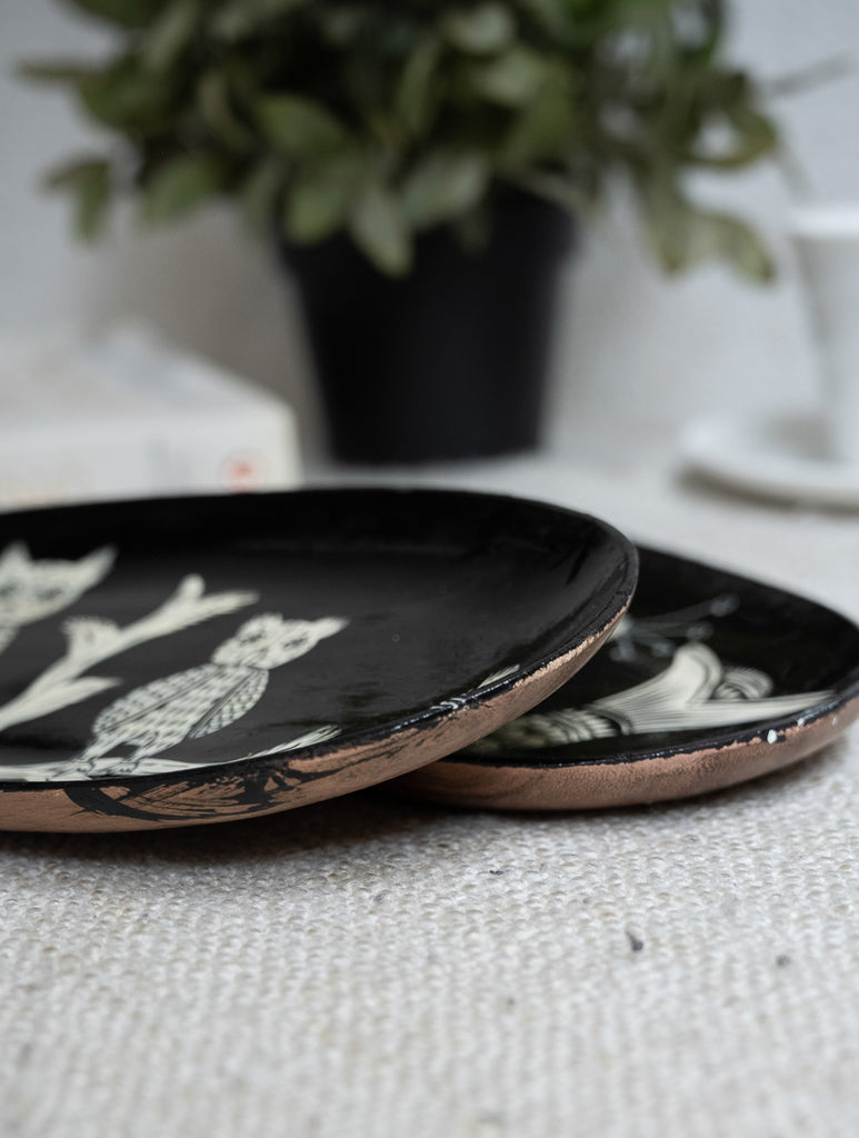 Lacquered, Hand Painted Patua Art Wooden Tray - Fish & Owl (Set of 2)