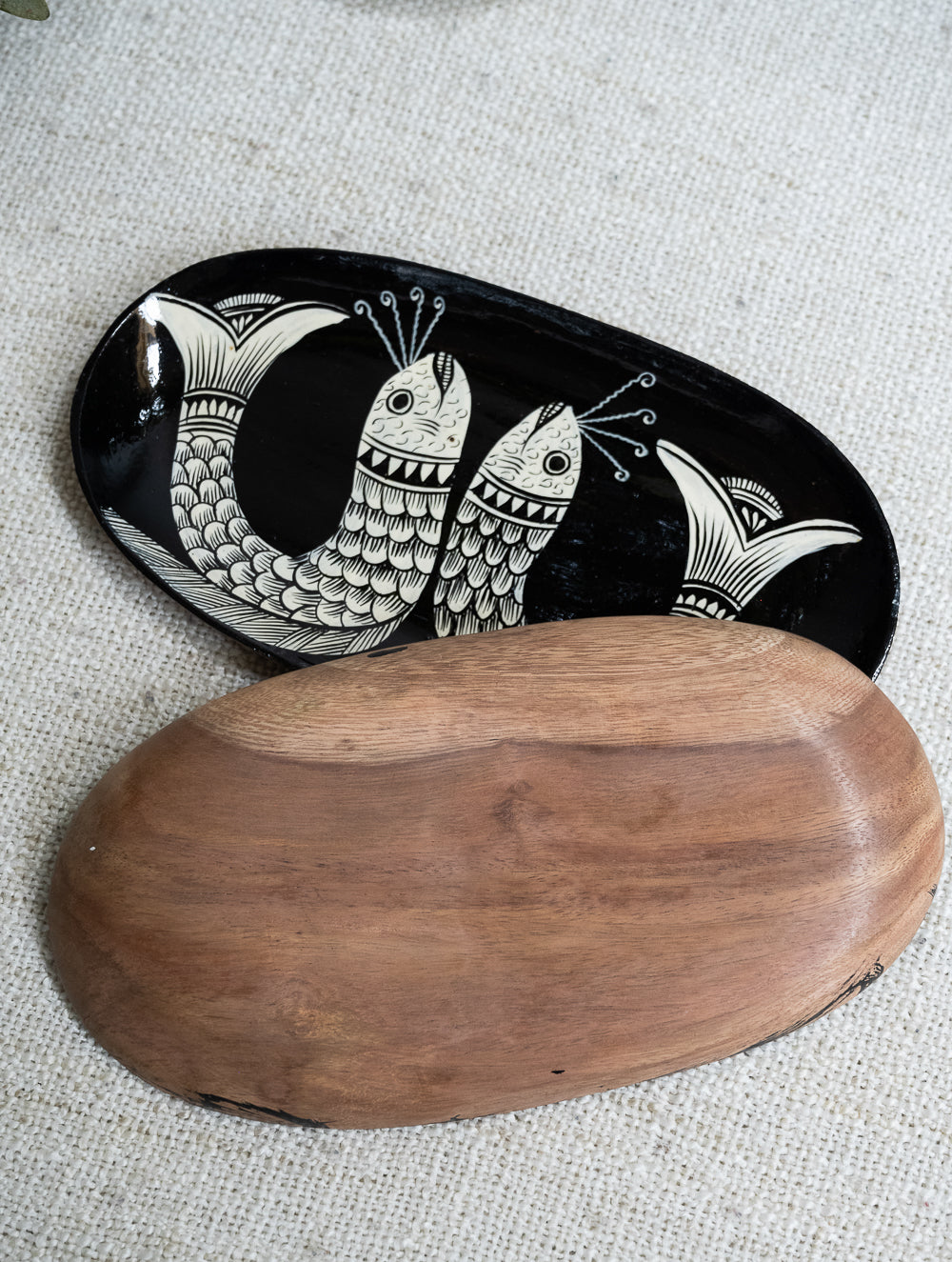 Load image into Gallery viewer, Lacquered, Hand Painted Patua Art Wooden Tray - Fish &amp; Owl (Set of 2)