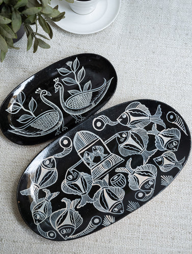 Lacquered, Hand Painted Patua Art Wooden Tray - Peacock & Fish (Set of 2)