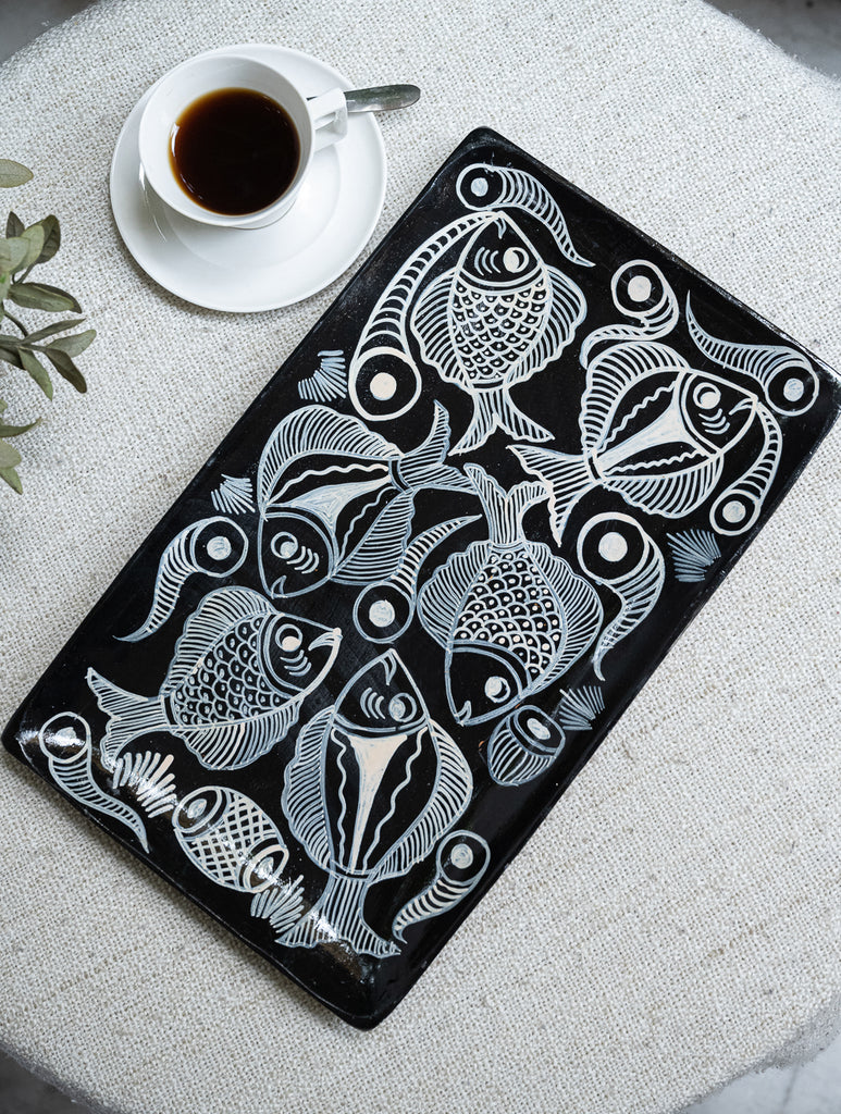 Lacquered, Hand Painted Patua Art Wooden Tray - The Fish