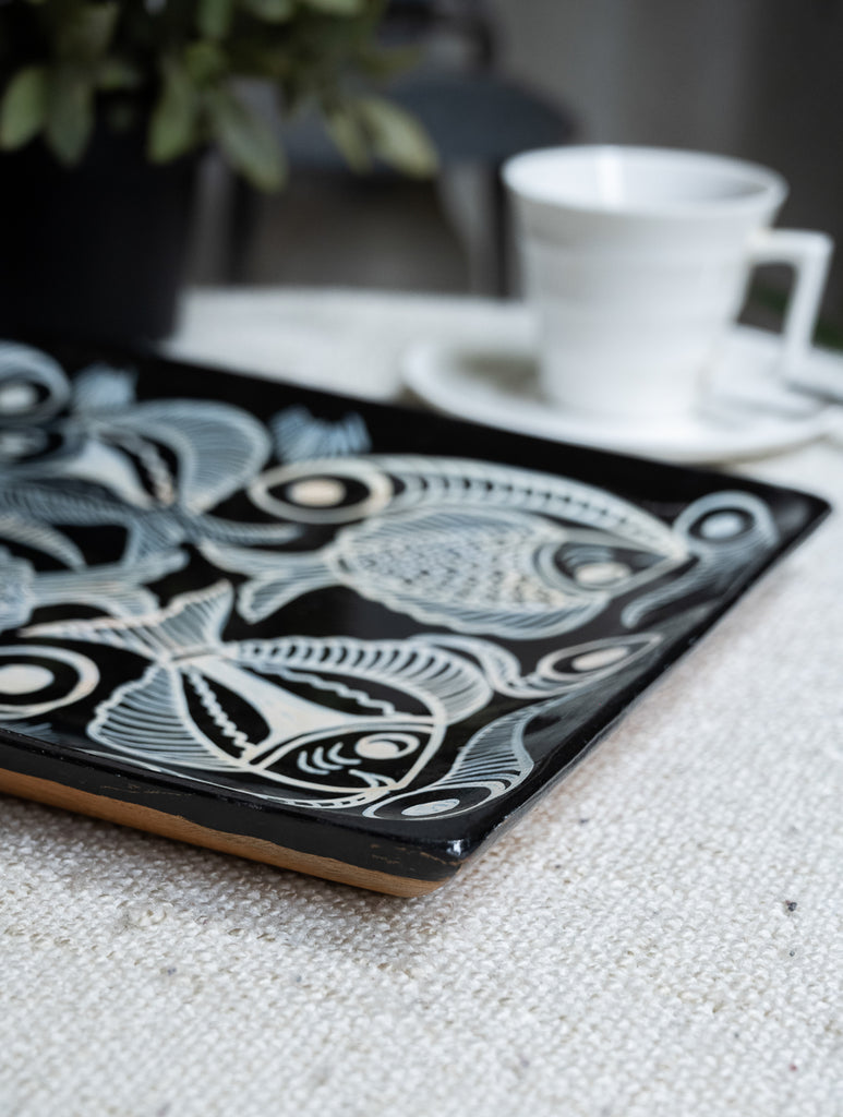 Lacquered, Hand Painted Patua Art Wooden Tray - The Fish