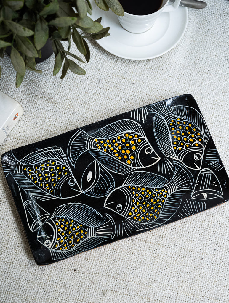 Lacquered, Hand Painted Patua Art Wooden Tray - Yellow Fish