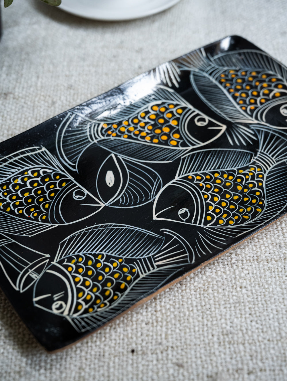 Load image into Gallery viewer, Lacquered, Hand Painted Patua Art Wooden Tray - Yellow Fish