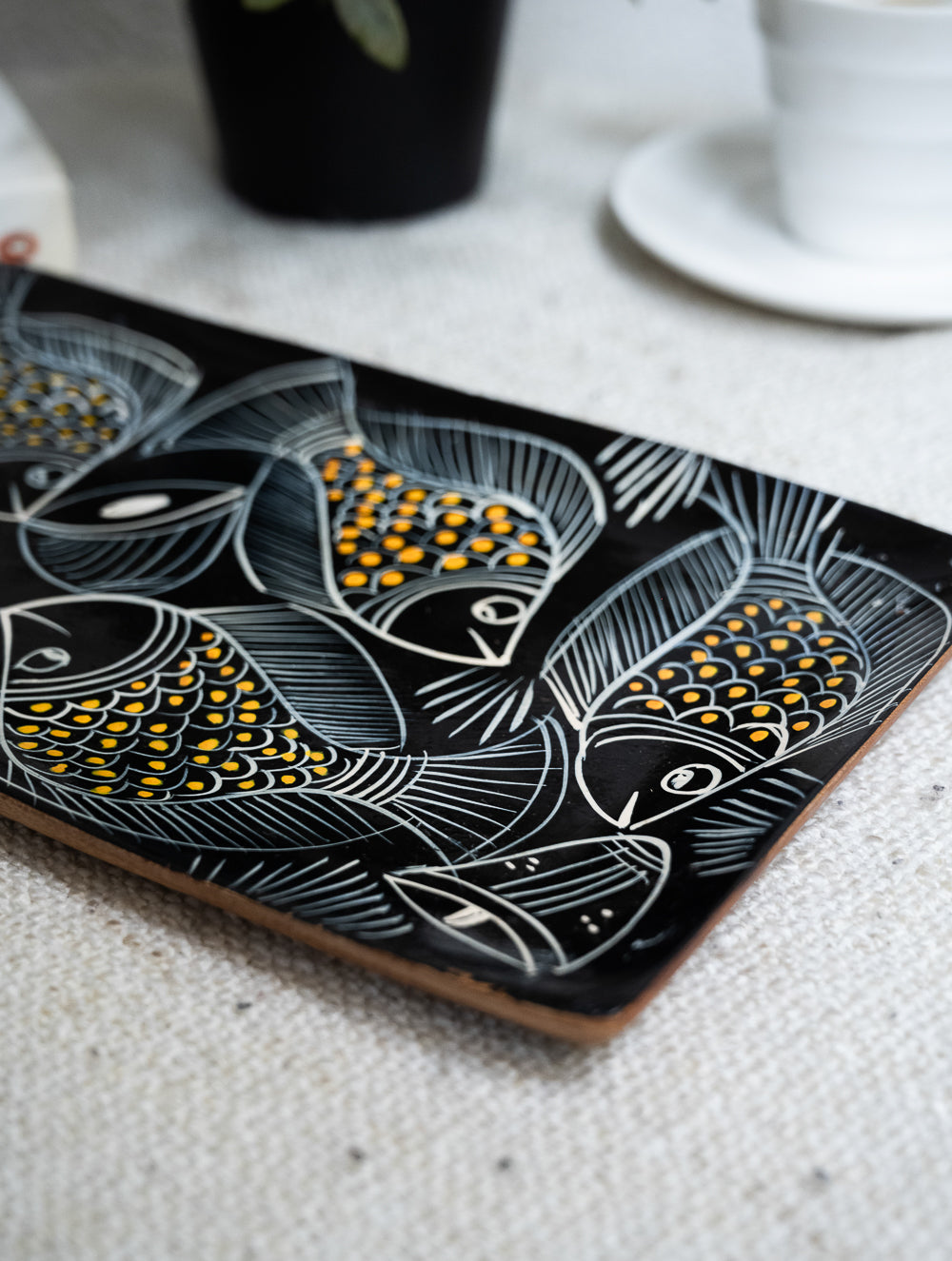 Load image into Gallery viewer, Lacquered, Hand Painted Patua Art Wooden Tray - Yellow Fish