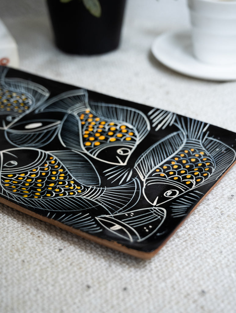 Lacquered, Hand Painted Patua Art Wooden Tray - Yellow Fish