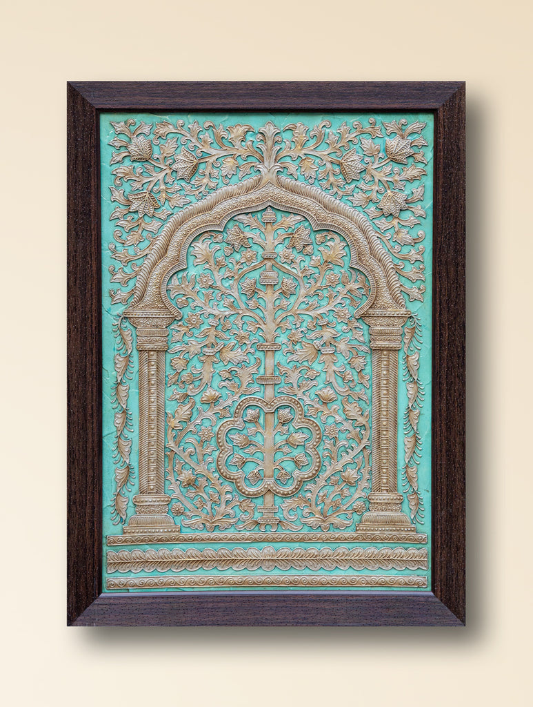 Large Hand-rendered Stone Dust Painting - Mehrab-e-Zar (Framed 24" x 18")
