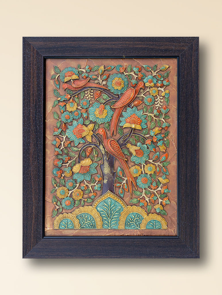 Large Hand-rendered Stone Dust Painting - The Gilded Perch (Framed 19" x 16")