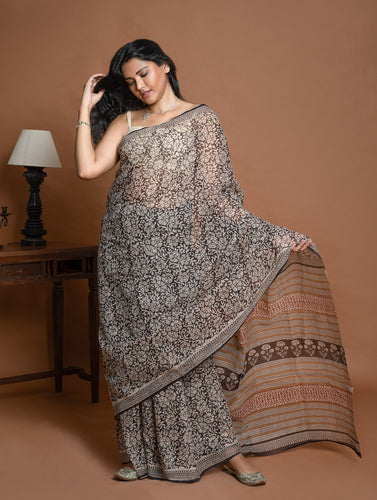 Light & Breezy. Sanganeri Hand Block Printed Kota Doria - Black Floral