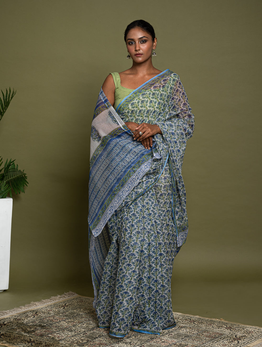 Light & Breezy. Sanganeri Hand Block Printed Kota Doria - Blue Flora