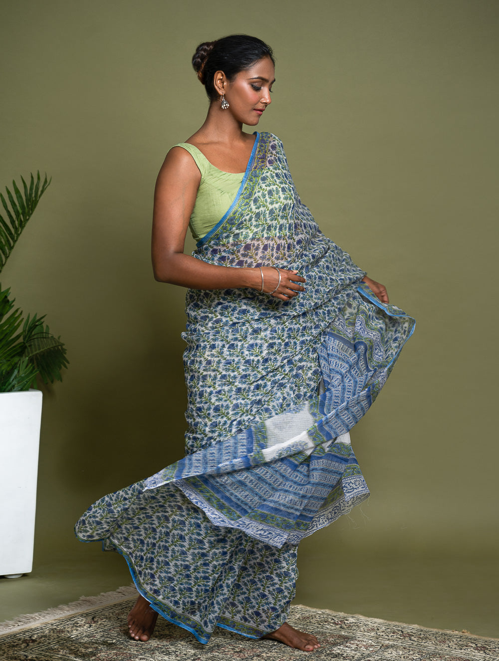 Light & Breezy. Sanganeri Hand Block Printed Kota Doria - Blue Flora
