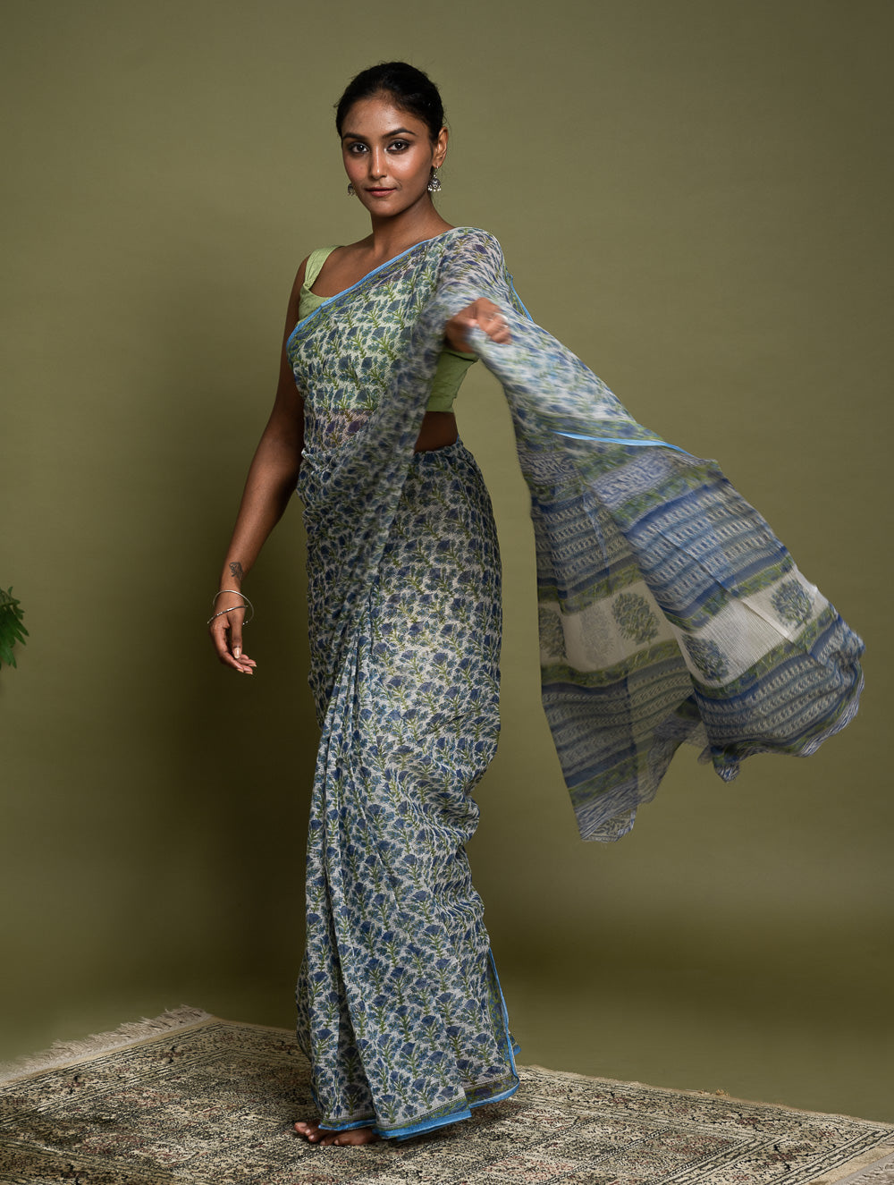 Light & Breezy. Sanganeri Hand Block Printed Kota Doria - Blue Flora