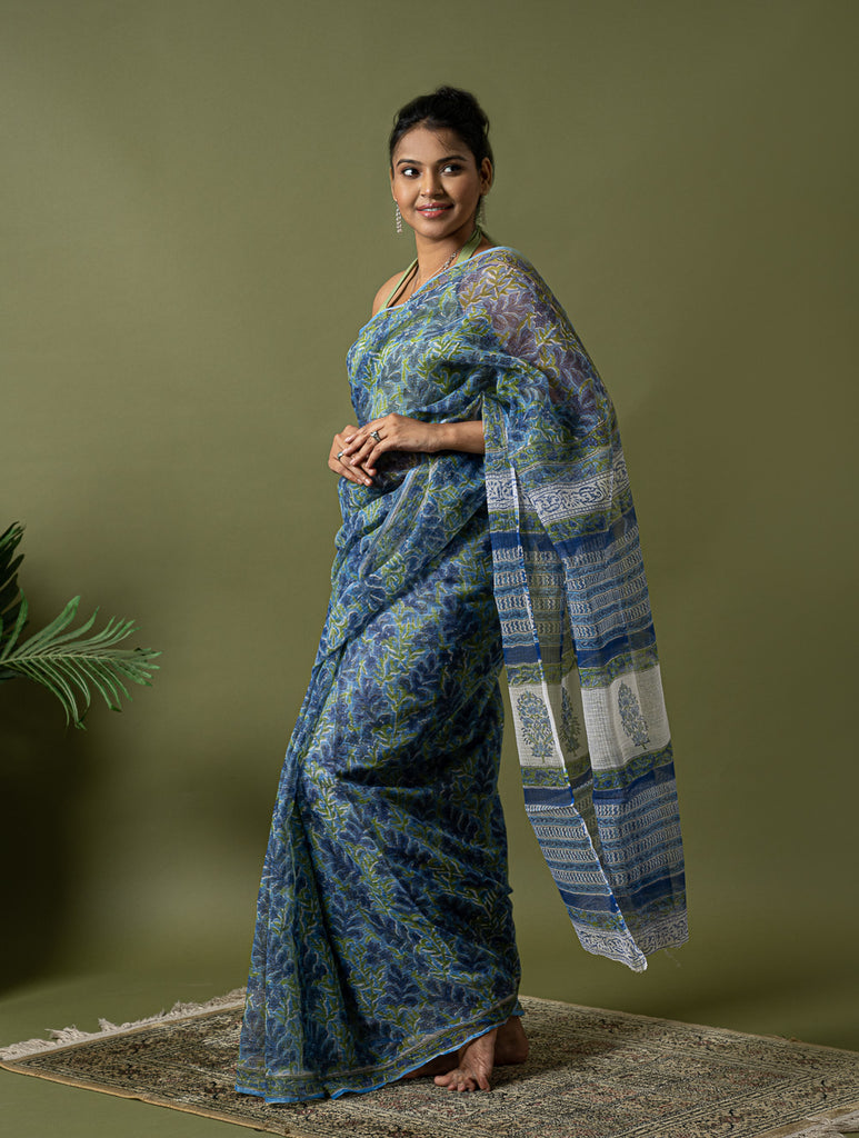 Light & Breezy. Sanganeri Hand Block Printed Kota Doria - Blue Green Flora