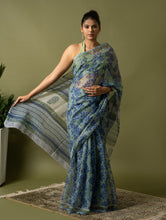 Load image into Gallery viewer, Light &amp; Breezy. Sanganeri Hand Block Printed Kota Doria - Blue Green Flora