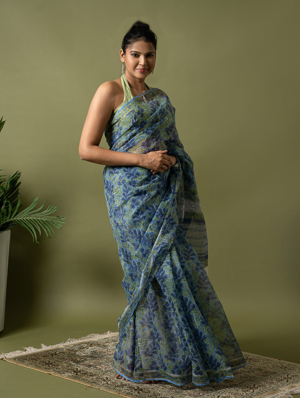 Load image into Gallery viewer, Light &amp; Breezy. Sanganeri Hand Block Printed Kota Doria - Blue Green Flora