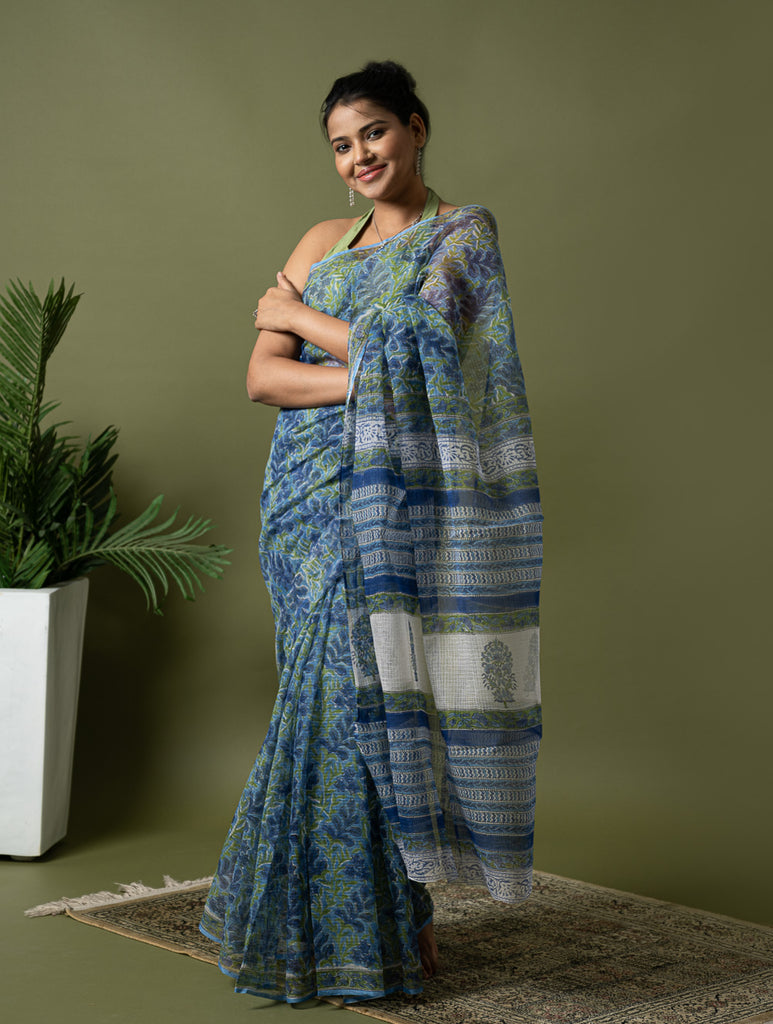 Light & Breezy. Sanganeri Hand Block Printed Kota Doria - Blue Green Flora