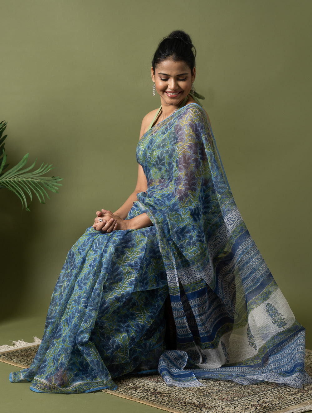 Load image into Gallery viewer, Light &amp; Breezy. Sanganeri Hand Block Printed Kota Doria - Blue Green Flora