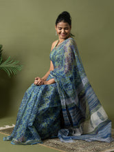 Load image into Gallery viewer, Light &amp; Breezy. Sanganeri Hand Block Printed Kota Doria - Blue Green Flora