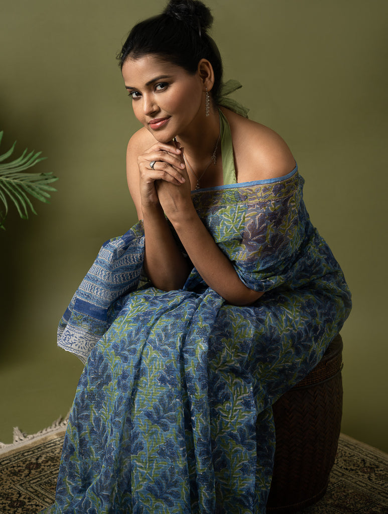 Light & Breezy. Sanganeri Hand Block Printed Kota Doria - Blue Green Flora