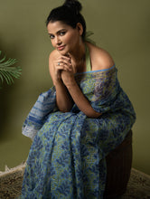 Load image into Gallery viewer, Light &amp; Breezy. Sanganeri Hand Block Printed Kota Doria - Blue Green Flora