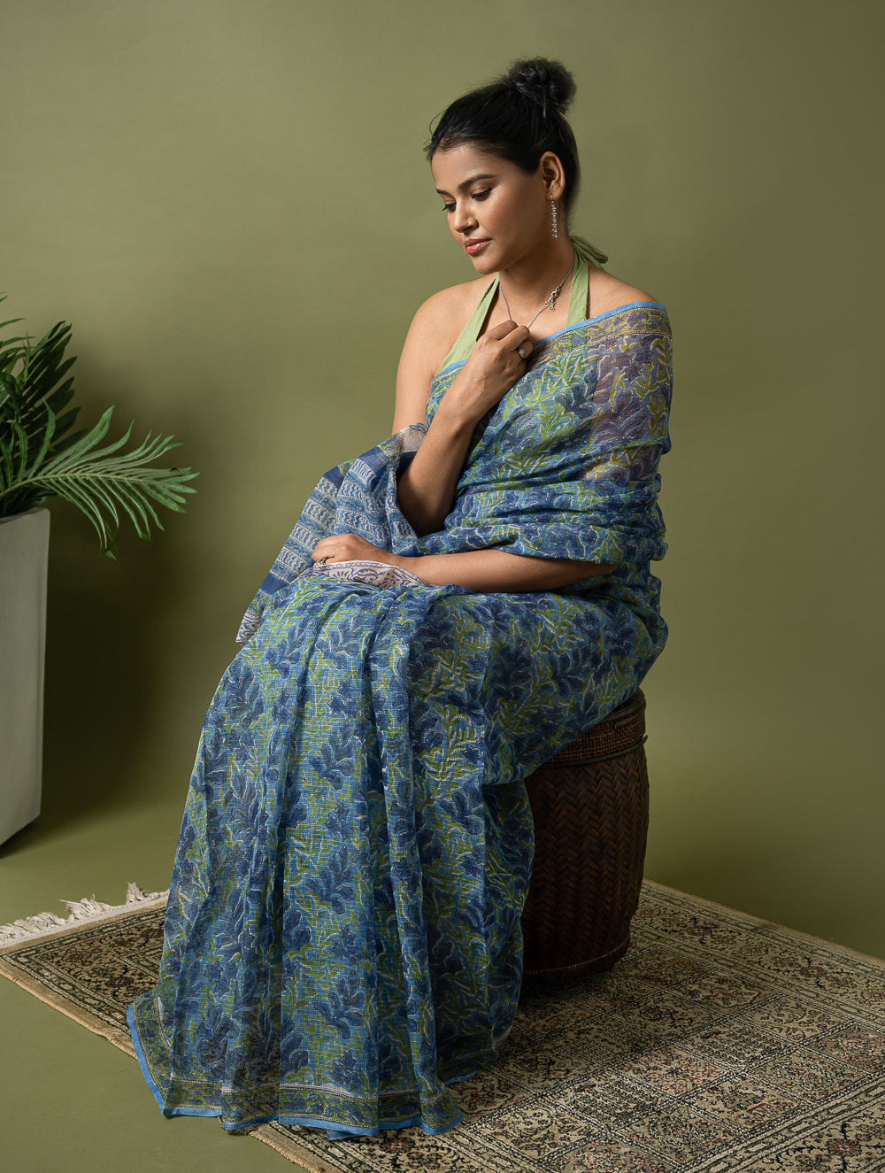 Load image into Gallery viewer, Light &amp; Breezy. Sanganeri Hand Block Printed Kota Doria - Blue Green Flora