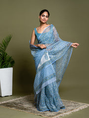 Light & Breezy. Sanganeri Hand Block Printed Kota Doria - Floral Blue