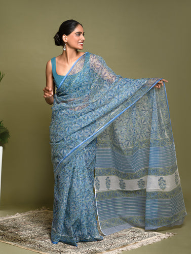 Light & Breezy. Sanganeri Hand Block Printed Kota Doria - Floral Blue