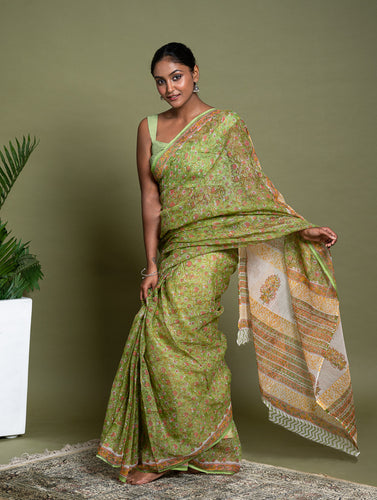 Light & Breezy. Sanganeri Hand Block Printed Kota Doria - Green Flora