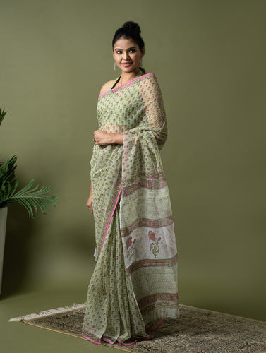 Light & Breezy. Sanganeri Hand Block Printed Kota Doria - Green Floral