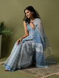 Light & Breezy. Sanganeri Hand Block Printed Kota Doria - Ice Blue Flora